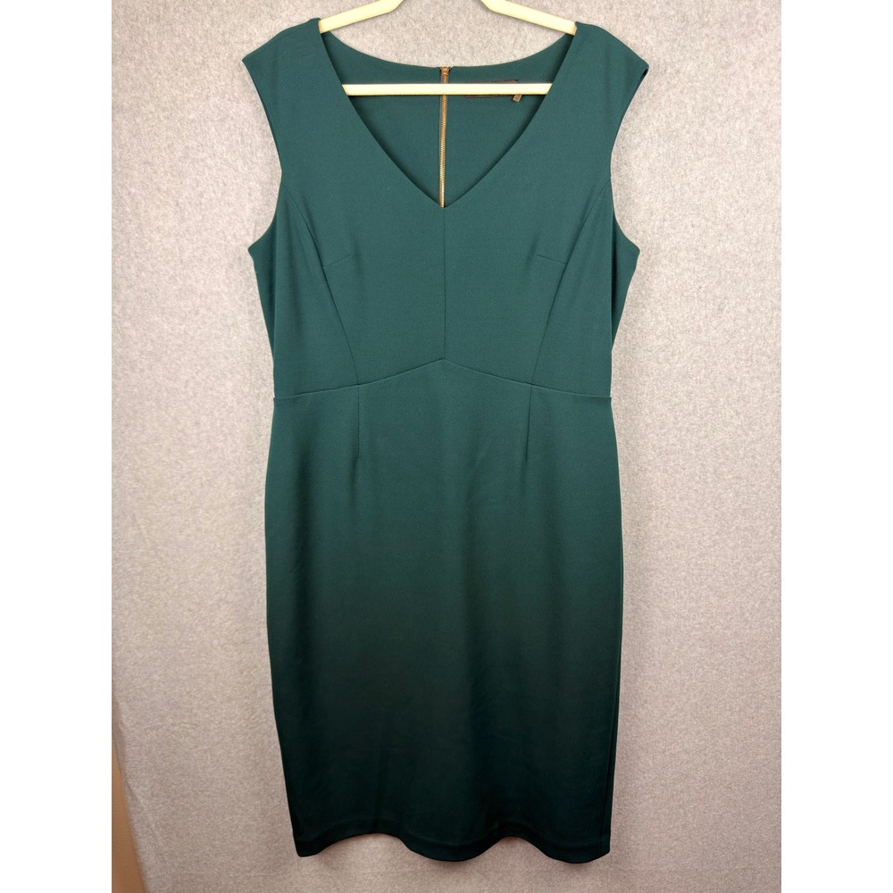 Ivanka Trump Green Sleeveless V-Neck Sheath Dress Gold Back Zip IDUG3130 Size 14